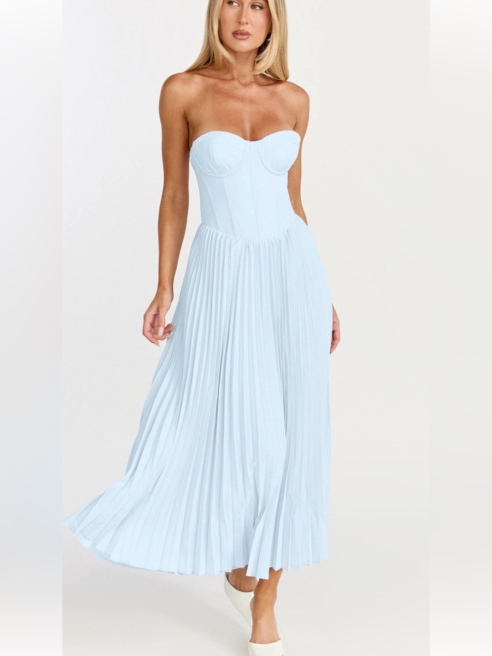 Showpo LORETTA MIDI DRESS - LACE UP BACK BUSTIER PLEATED DRESS IN LIGHT BLUE